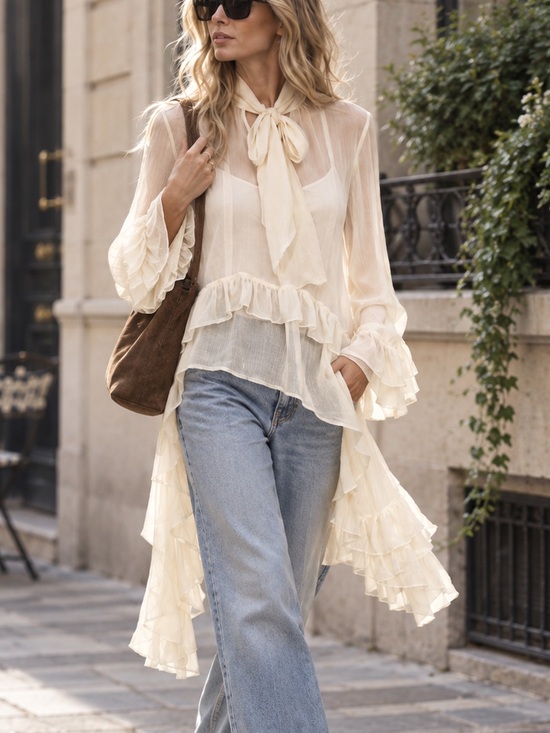 Source Unknown Tops - Angelcore Top Ethereal Edwardian Long Sleeve One Size Cream Tie Neck Ruffle